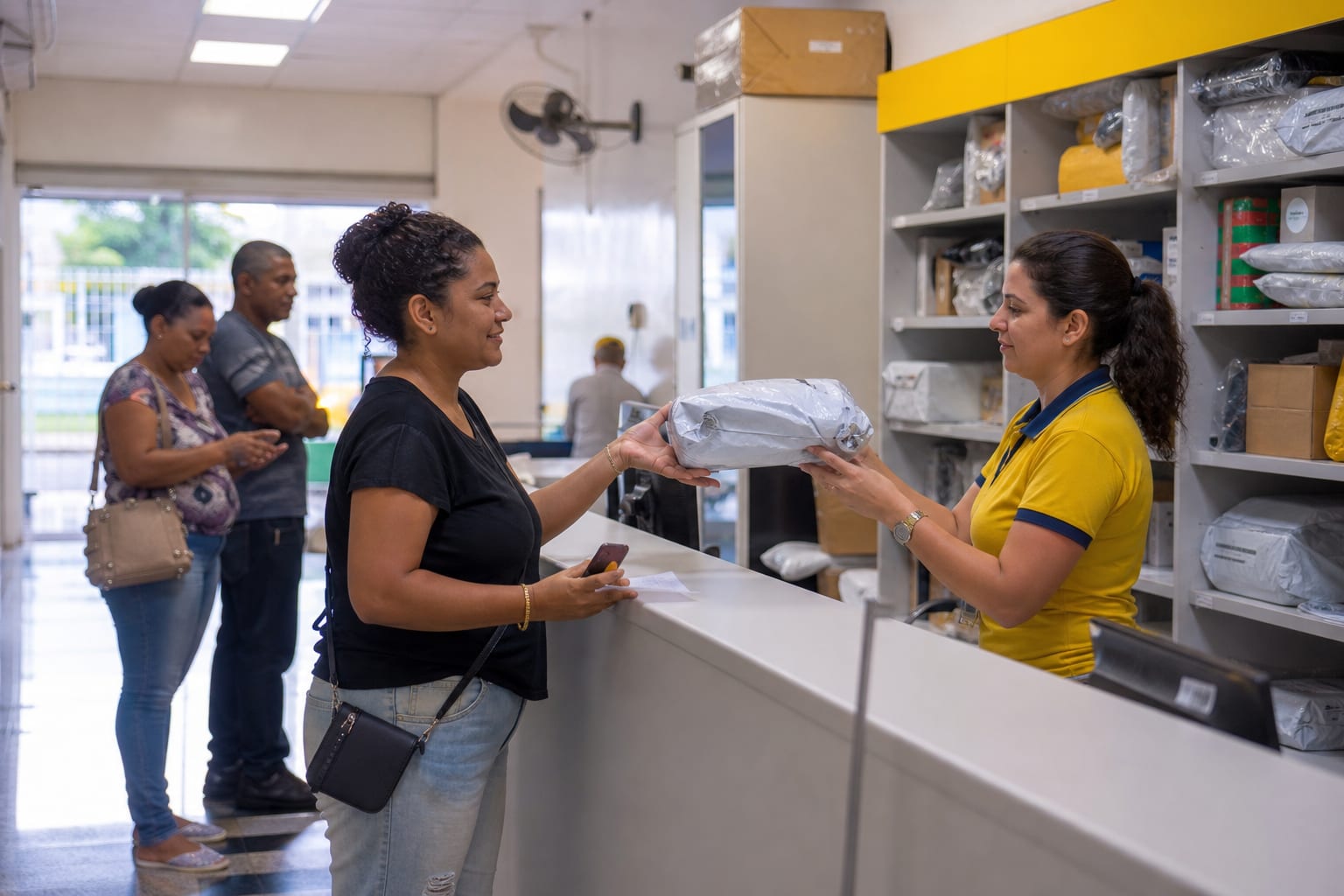 Cliente retirando uma encomenda no balcão de uma agência dos Correios