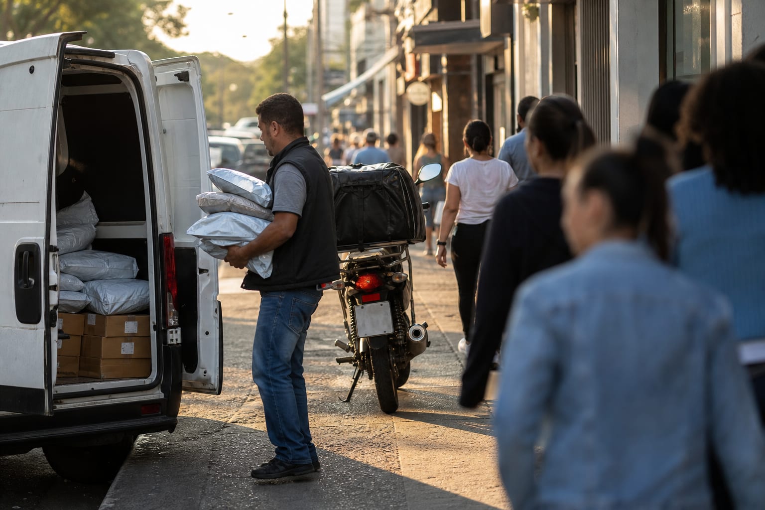 Entregador retirando pacotes da traseira de uma van em rua comercial brasileira