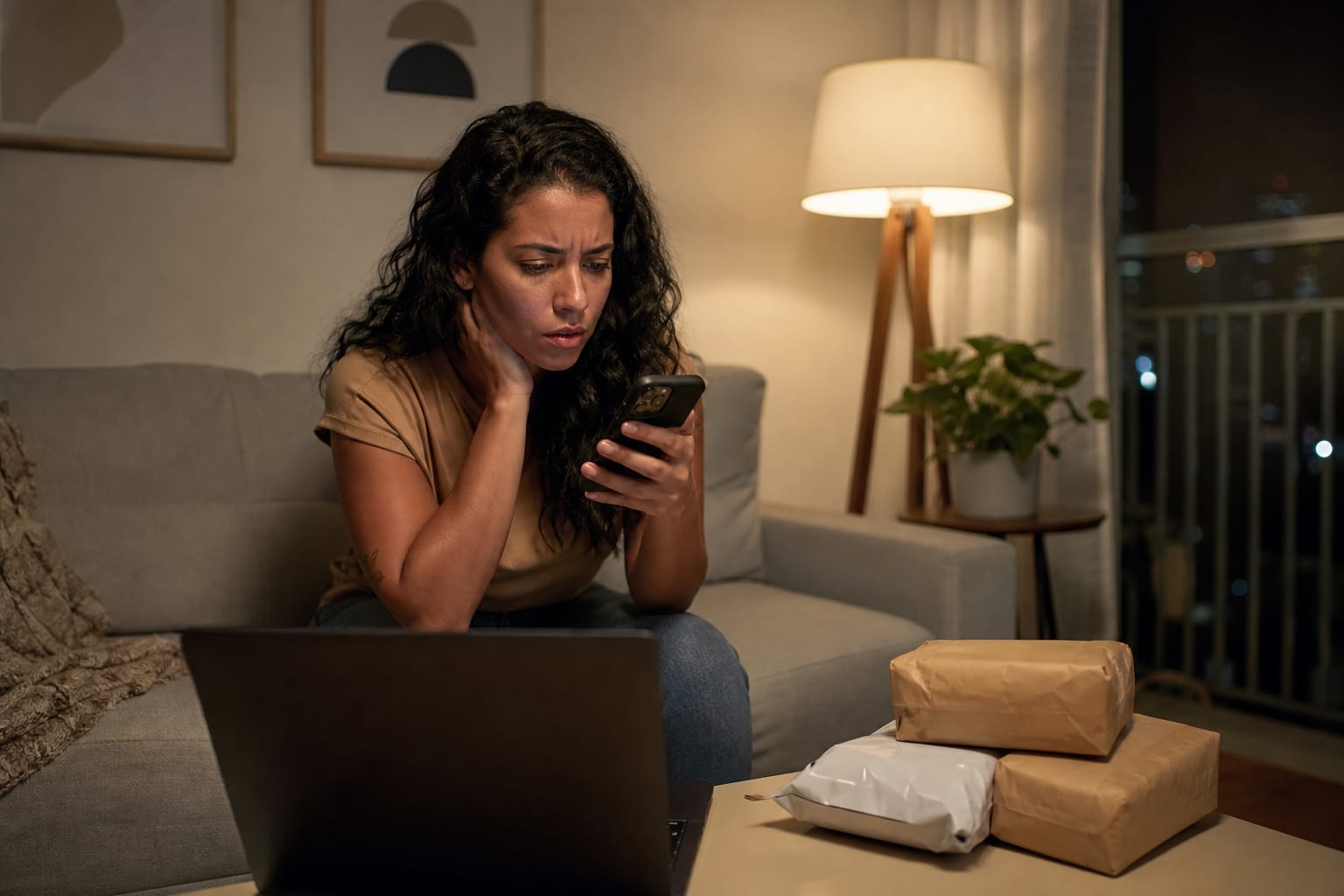 Lojista preocupada olhando o celular à noite com pacotes prontos ao lado