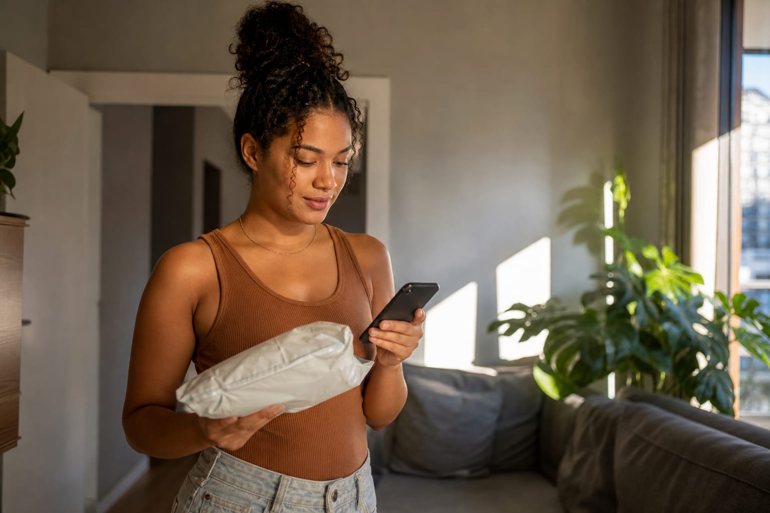 Compradora segurando o celular e um pacote recém-recebido na sala de casa