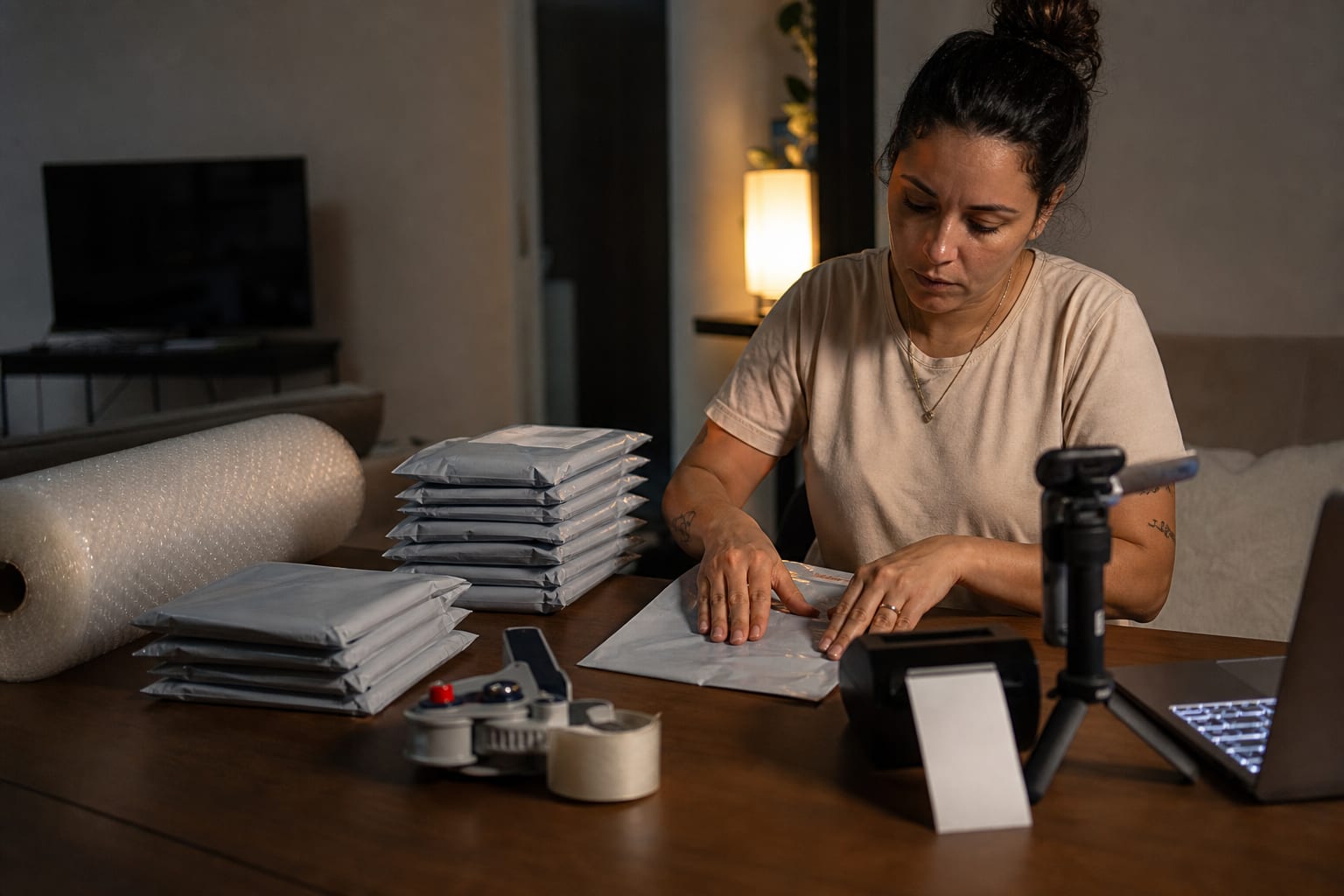 Lojista lacrando envelopes de segurança na mesa da sala, com rolo de plástico bolha e impressora de etiqueta ao lado